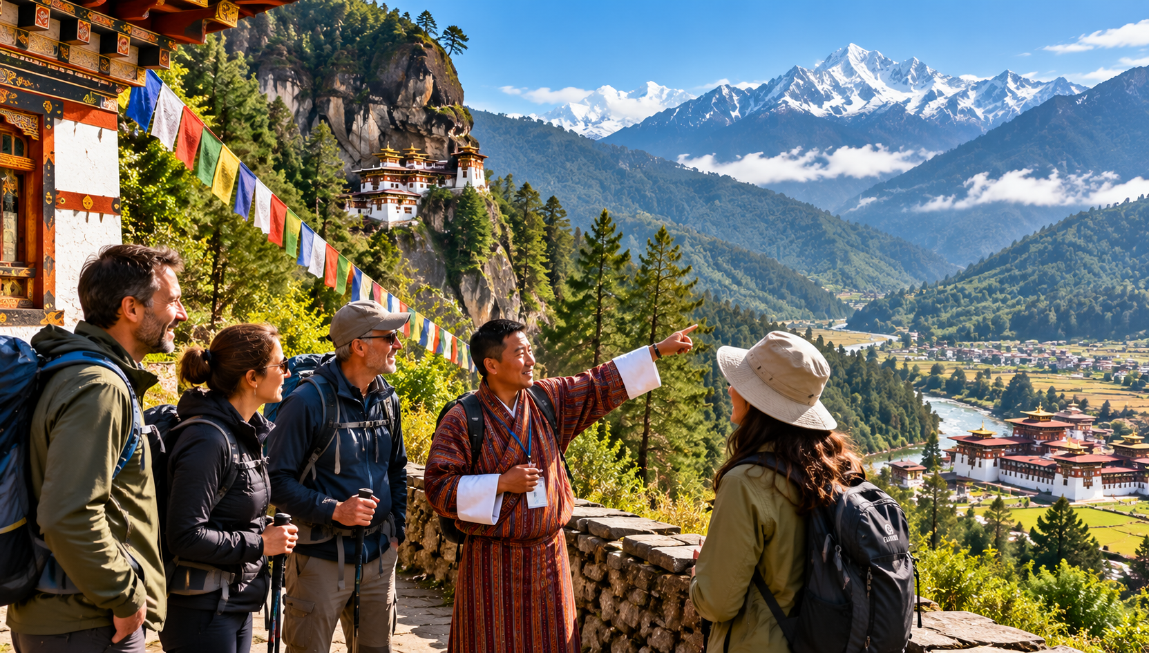 Traditional Bhutanese dzong surrounded by Himalayan scenery